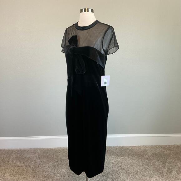 JS Collection Velvet Midi Sheath Cocktail Dress Black Size 10 Sheer Short Sleeve - Picture 4 of 13